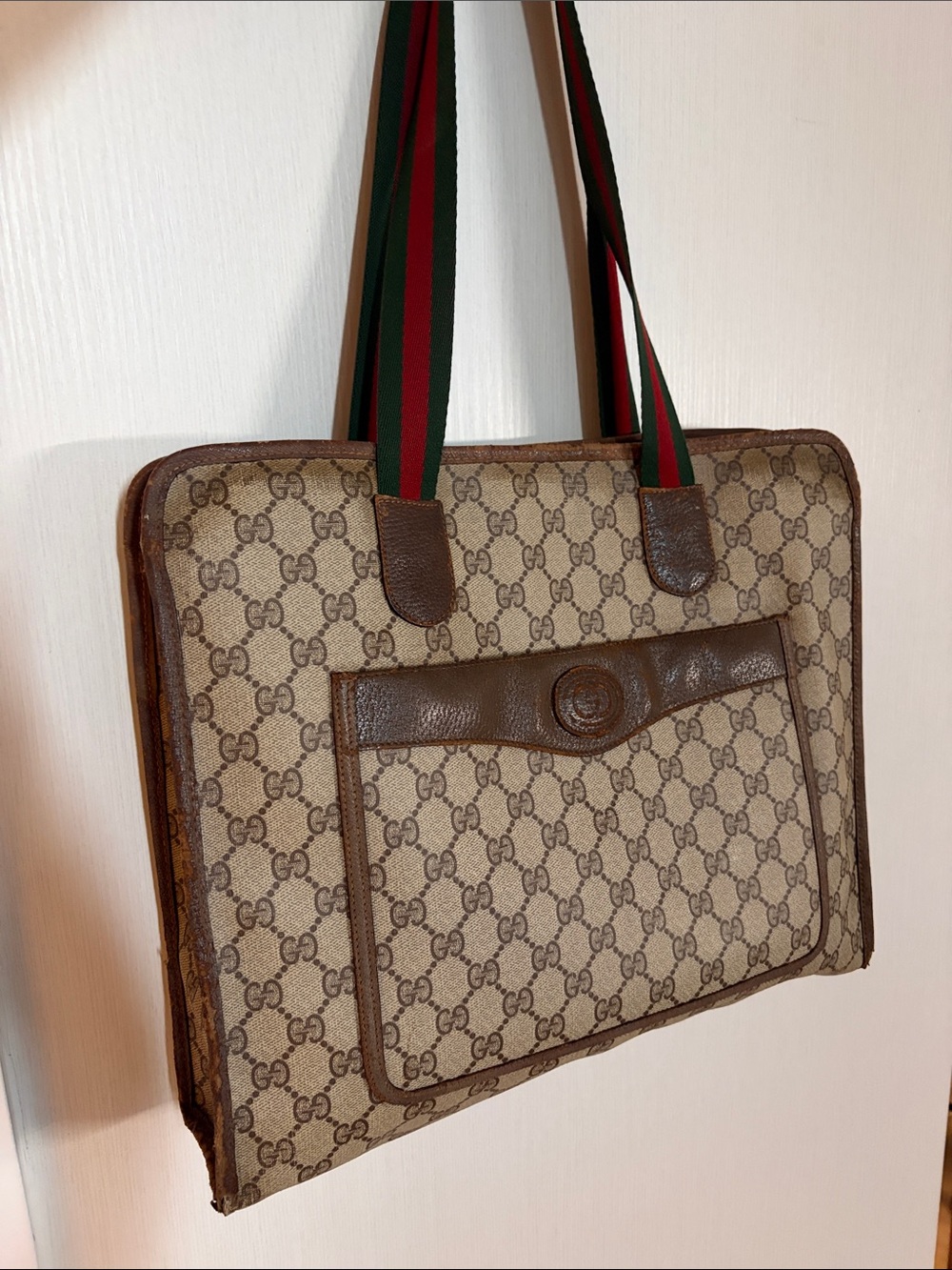 Authentic Vintage Gucci Brown GG Canvas Tote Bag with Web Stripe Handles